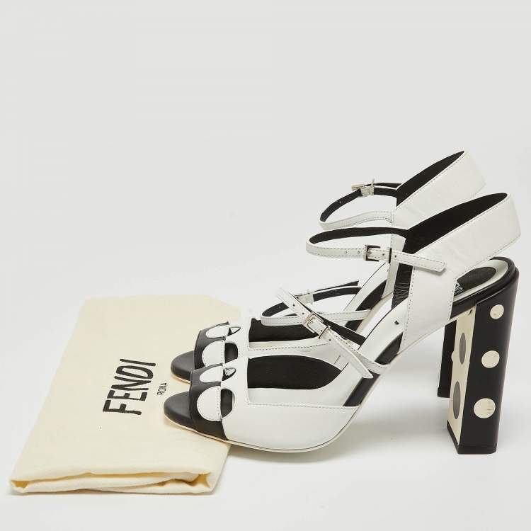 Pre Owned Fendi White/Black Leather Ankle Strap Sandals Size 38