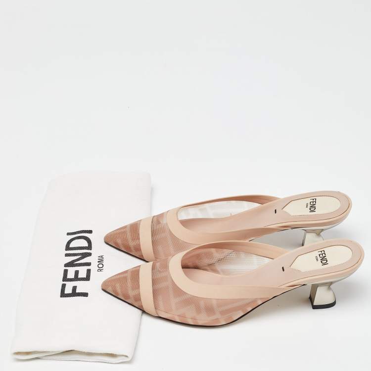 Pre Owned Fendi Light Pink FF-Logo Print Mesh and Leather Colibri Pointed Toe Mules Size 36
