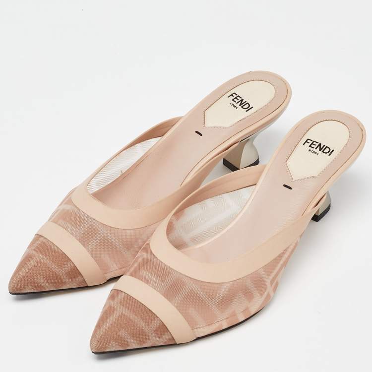 Pre Owned Fendi Light Pink FF-Logo Print Mesh and Leather Colibri Pointed Toe Mules Size 36
