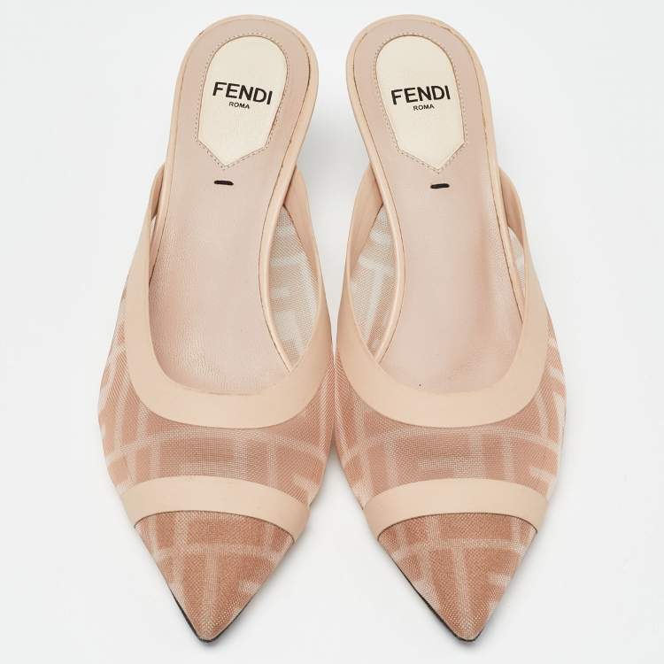 Pre Owned Fendi Light Pink FF-Logo Print Mesh and Leather Colibri Pointed Toe Mules Size 36