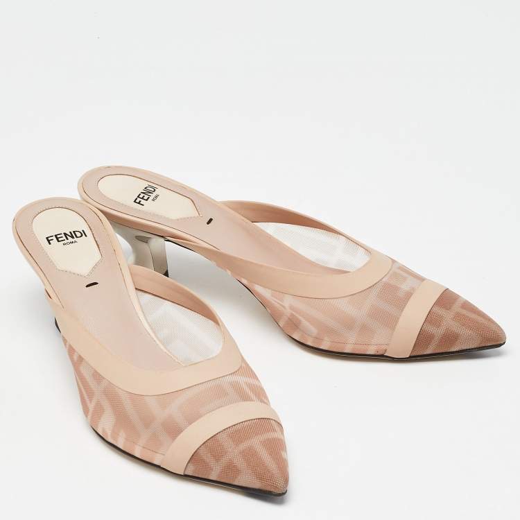 Pre Owned Fendi Light Pink FF-Logo Print Mesh and Leather Colibri Pointed Toe Mules Size 36