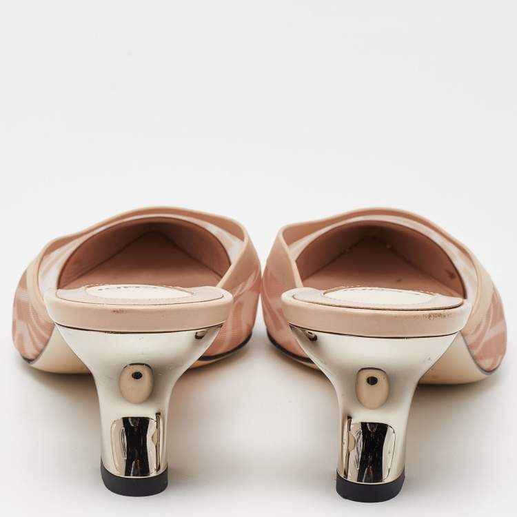 Pre Owned Fendi Light Pink FF-Logo Print Mesh and Leather Colibri Pointed Toe Mules Size 36