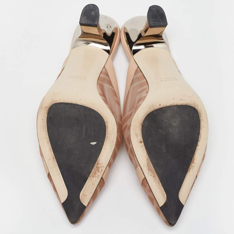Pre Owned Fendi Light Pink FF-Logo Print Mesh and Leather Colibri Pointed Toe Mules Size 36