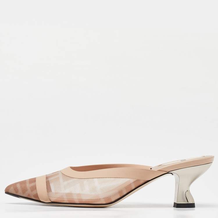 Pre Owned Fendi Light Pink FF-Logo Print Mesh and Leather Colibri Pointed Toe Mules Size 36