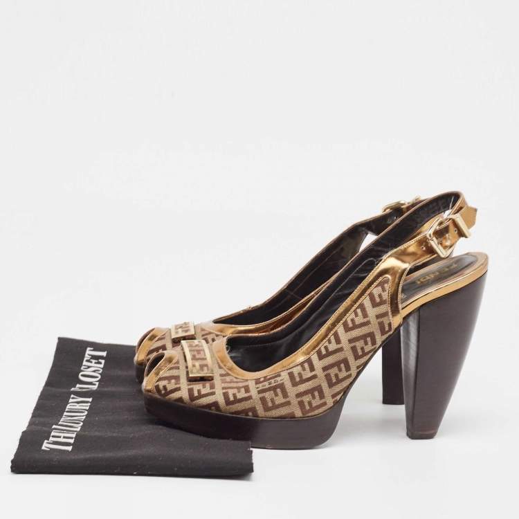 Pre Owned Fendi Gold/Beige Leather and Zucchino Canvas Peep Toe Slingback Pumps Size 40