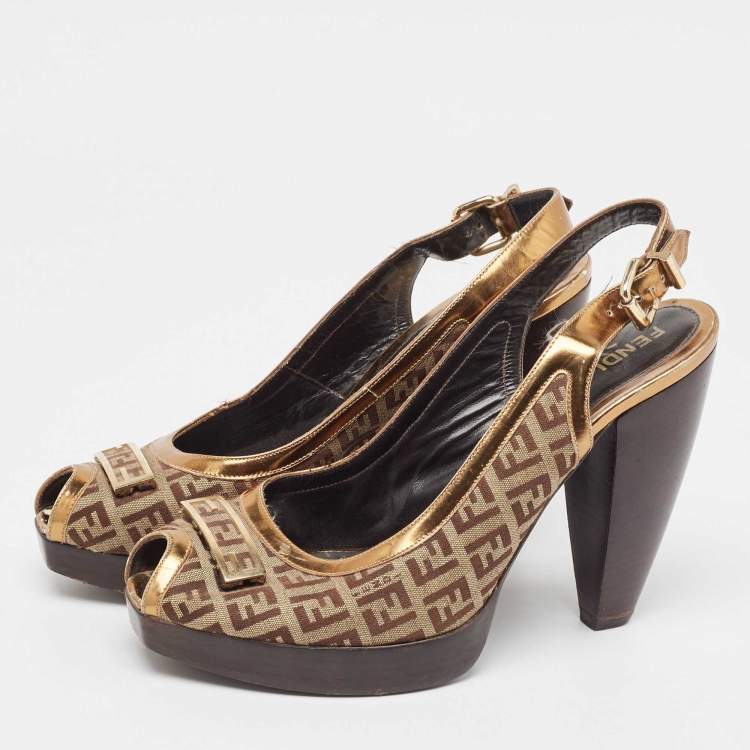 Pre Owned Fendi Gold/Beige Leather and Zucchino Canvas Peep Toe Slingback Pumps Size 40