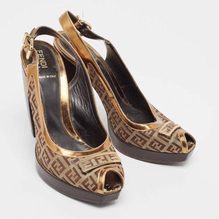 Pre Owned Fendi Gold/Beige Leather and Zucchino Canvas Peep Toe Slingback Pumps Size 40