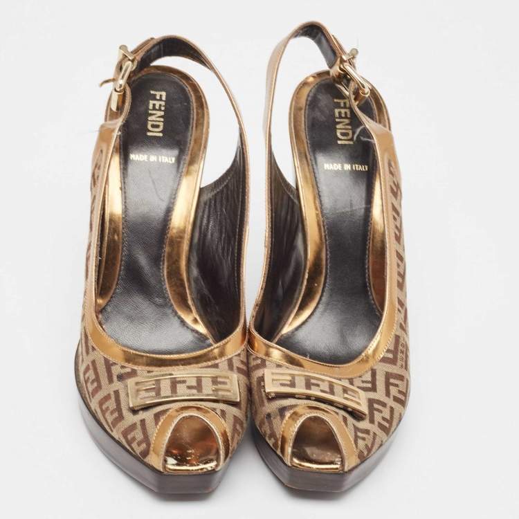 Pre Owned Fendi Gold/Beige Leather and Zucchino Canvas Peep Toe Slingback Pumps Size 40