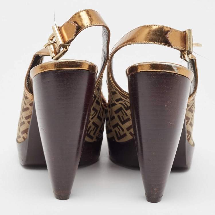 Pre Owned Fendi Gold/Beige Leather and Zucchino Canvas Peep Toe Slingback Pumps Size 40