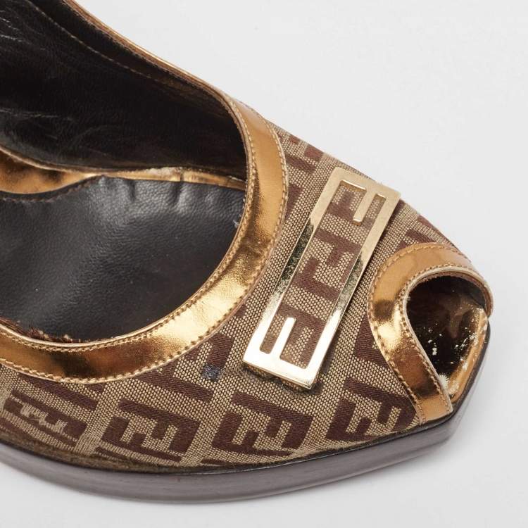 Pre Owned Fendi Gold/Beige Leather and Zucchino Canvas Peep Toe Slingback Pumps Size 40