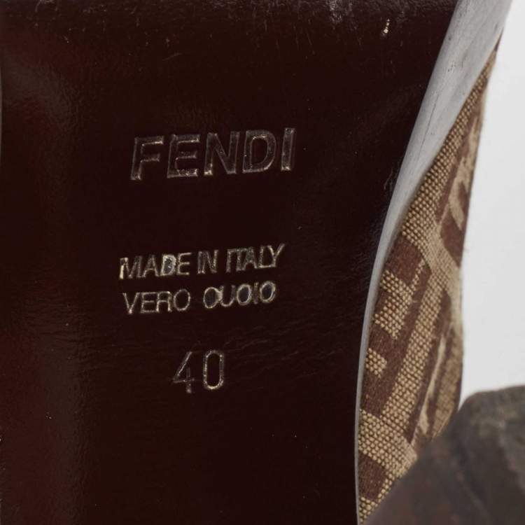 Pre Owned Fendi Gold/Beige Leather and Zucchino Canvas Peep Toe Slingback Pumps Size 40