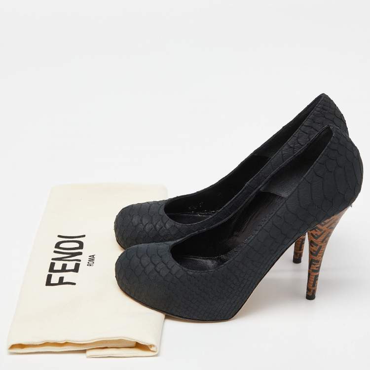 Pre Owned Fendi Black Python Embossed Leather FF Logo Heel Platform Pumps Size 40