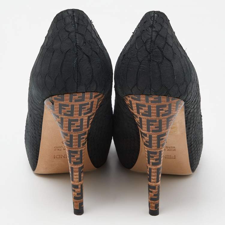 Pre Owned Fendi Black Python Embossed Leather FF Logo Heel Platform Pumps Size 40