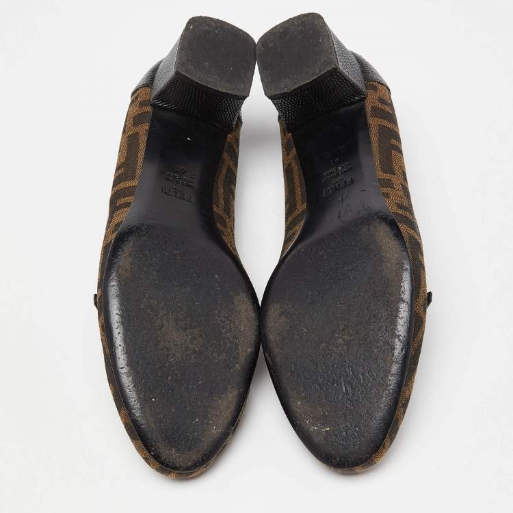 Pre Owned Fendi Brown Tobacco Zucca Canvas and Lizard Embossed Leather Bow Block Heel Pumps Size 41
