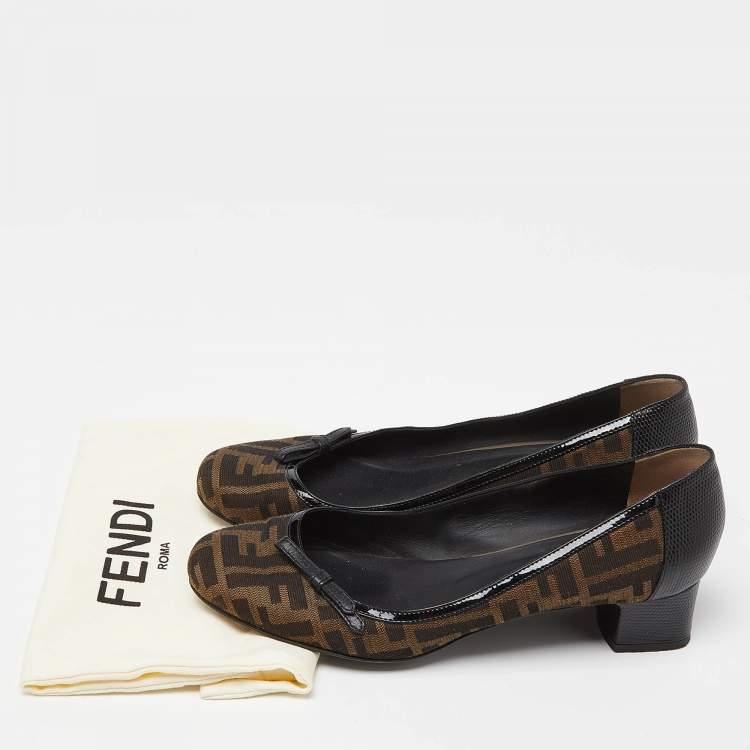 Pre Owned Fendi Brown Tobacco Zucca Canvas and Lizard Embossed Leather Bow Block Heel Pumps Size 41