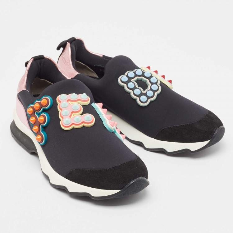 Pre Owned Fendi Black/Pink Fabric And Suede Fun Fair Logo Slip On Sneakers Size 36