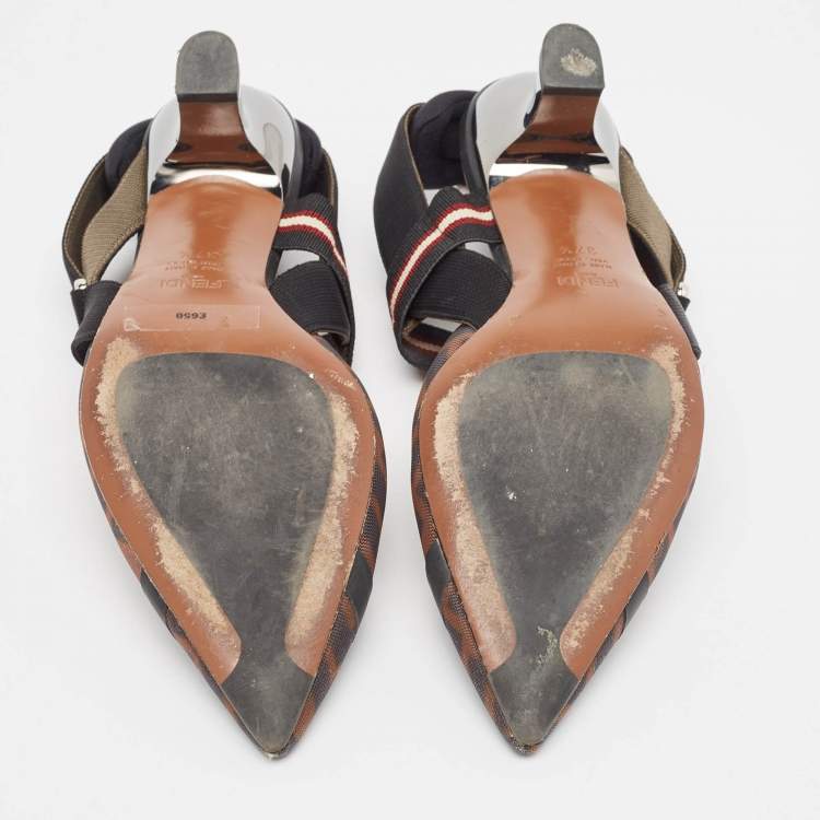 مملوكة مسبقًا Fendi Black/Brown Zucca Mesh Colibri Slingback Pumps Size 37.5 