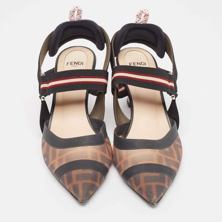 مملوكة مسبقًا Fendi Black/Brown Zucca Mesh Colibri Slingback Pumps Size 37.5 