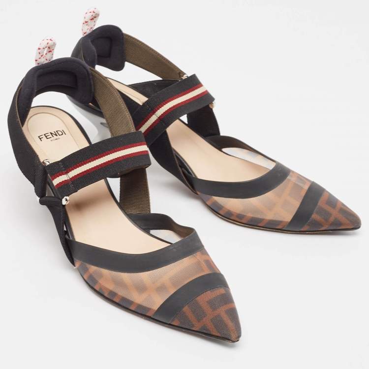 مملوكة مسبقًا Fendi Black/Brown Zucca Mesh Colibri Slingback Pumps Size 37.5 