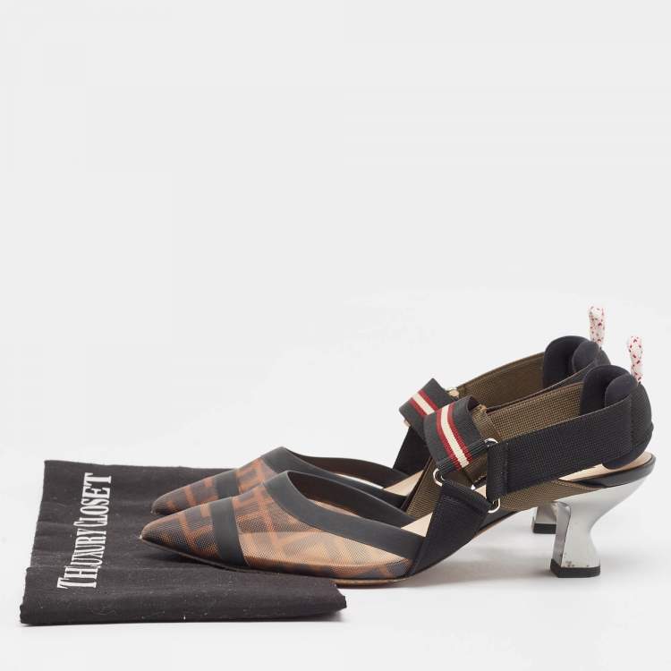 مملوكة مسبقًا Fendi Black/Brown Zucca Mesh Colibri Slingback Pumps Size 37.5 