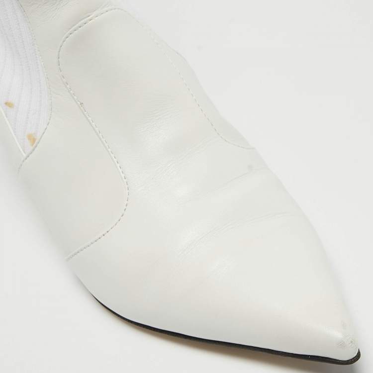 Pre Owned Fendi White Leather and Knit Fabric Kitten Heel Sock Boots Size 38