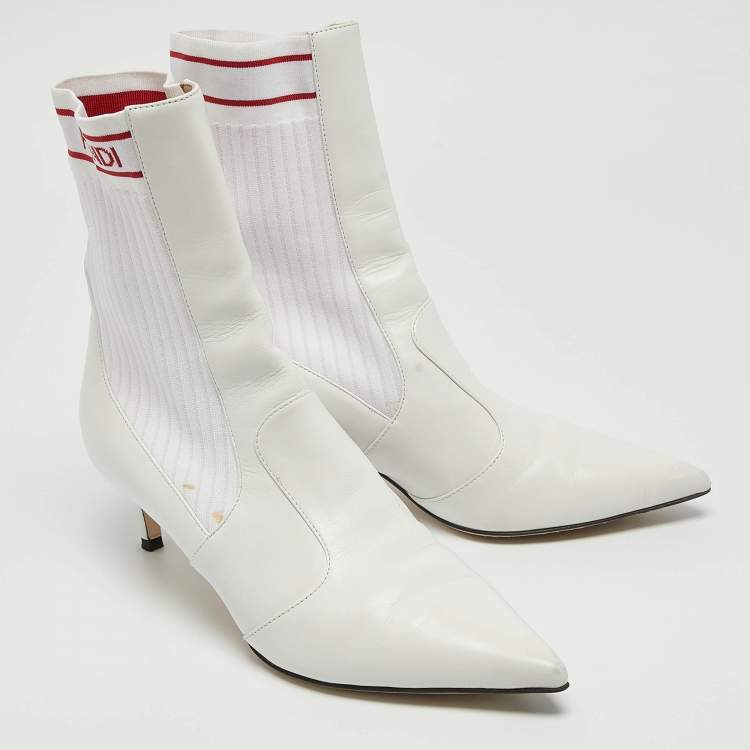 Pre Owned Fendi White Leather and Knit Fabric Kitten Heel Sock Boots Size 38