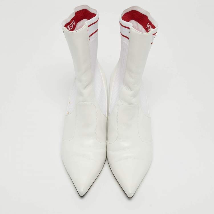 Pre Owned Fendi White Leather and Knit Fabric Kitten Heel Sock Boots Size 38