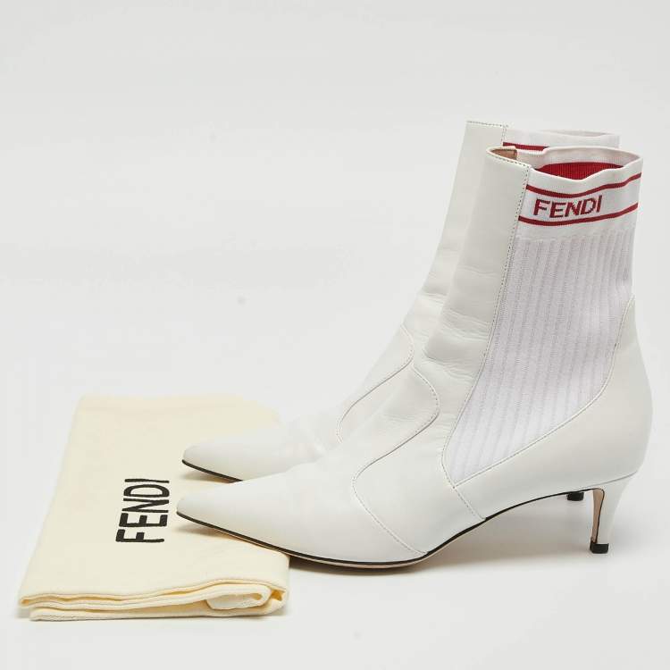 Pre Owned Fendi White Leather and Knit Fabric Kitten Heel Sock Boots Size 38