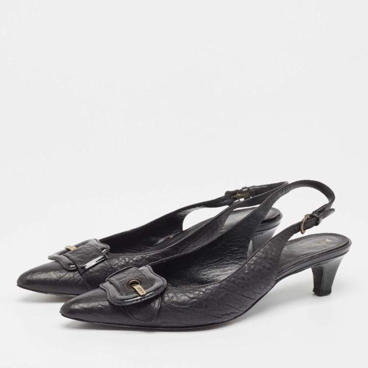 Pre Owned Fendi Black Leather Buckle Detail Slingback Pumps Size 39.5