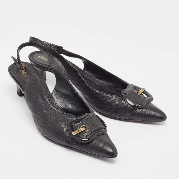 Pre Owned Fendi Black Leather Buckle Detail Slingback Pumps Size 39.5