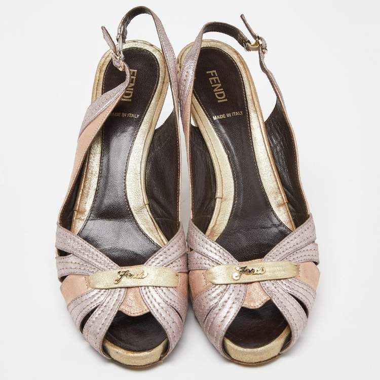 Pre Owned Fendi Purple Multicolor Glitter Leather Cut Out Slingback Sandals Size 39.5