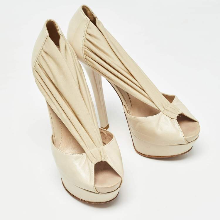 Pre Owned Fendi Cream Leather and Stretch Fabric Peep Toe Platform Pumps Size 38