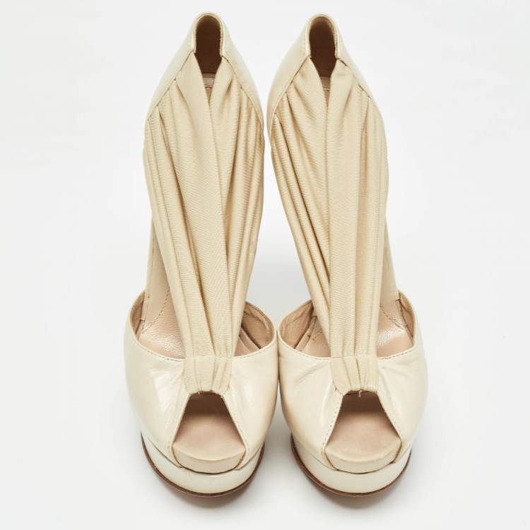 Pre Owned Fendi Cream Leather and Stretch Fabric Peep Toe Platform Pumps Size 38
