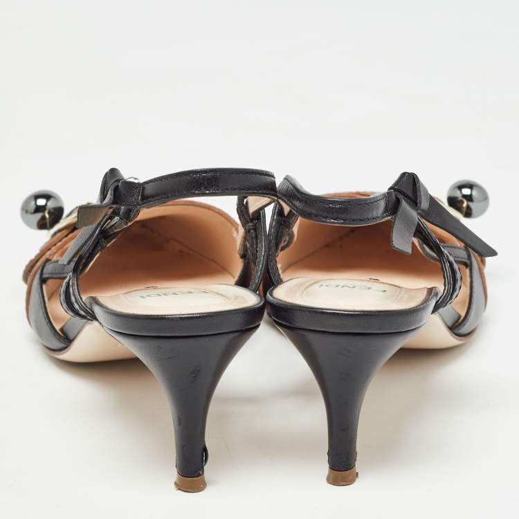 Pre Owned Fendi Black/Beige Leather Slingback Pumps Size 37 