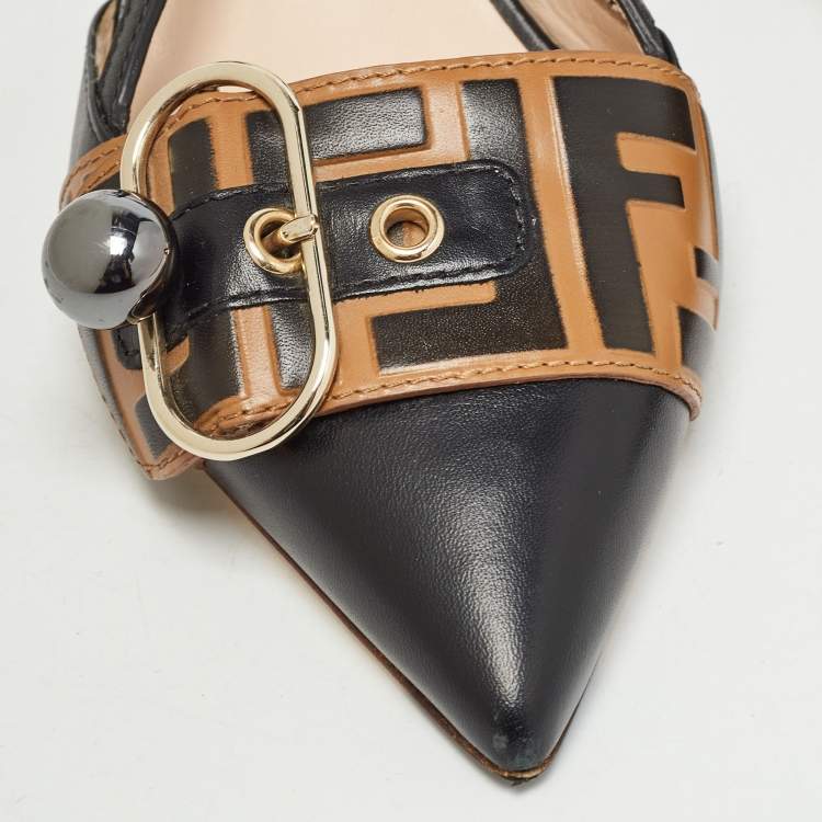 Pre Owned Fendi Black/Beige Leather Slingback Pumps Size 37 
