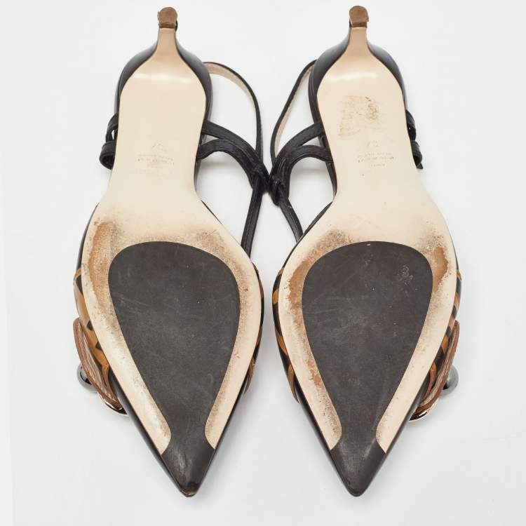 Pre Owned Fendi Black/Beige Leather Slingback Pumps Size 37 