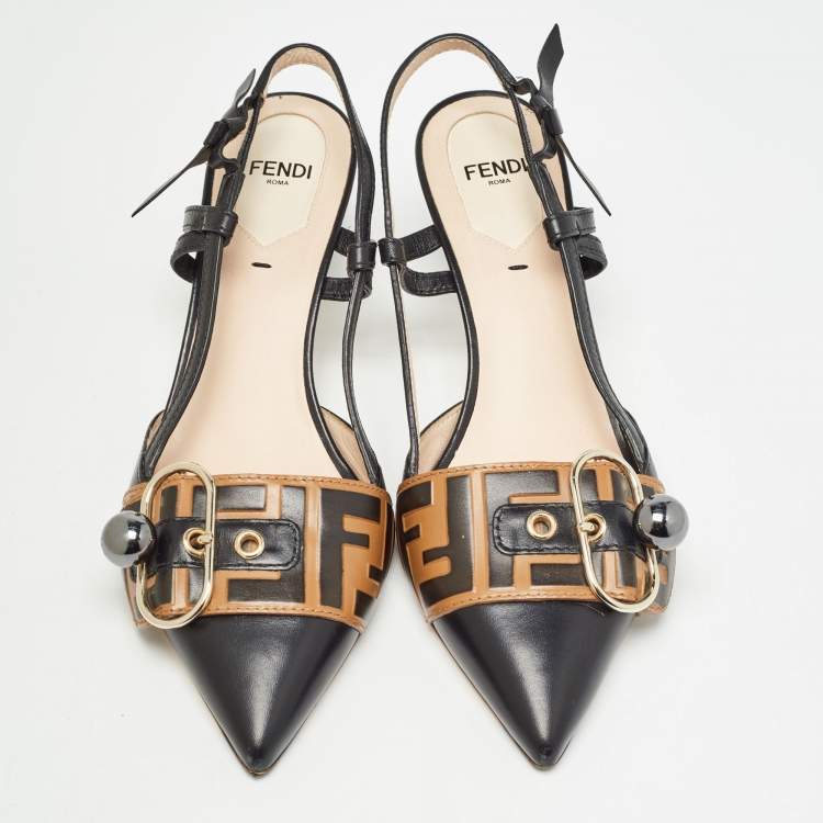 Pre Owned Fendi Black/Beige Leather Slingback Pumps Size 37 