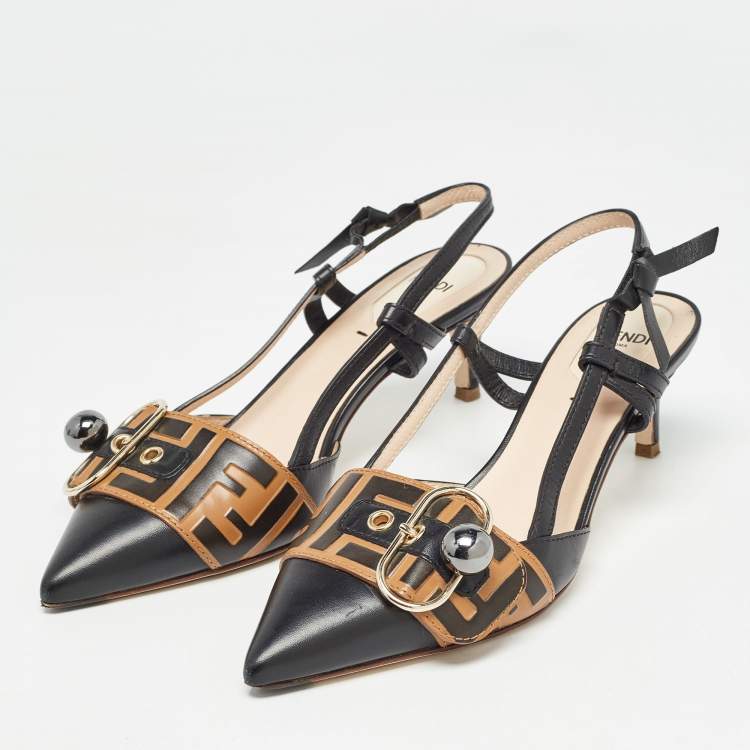 Pre Owned Fendi Black/Beige Leather Slingback Pumps Size 37 