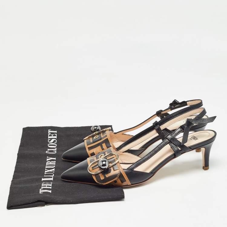 Pre Owned Fendi Black/Beige Leather Slingback Pumps Size 37 
