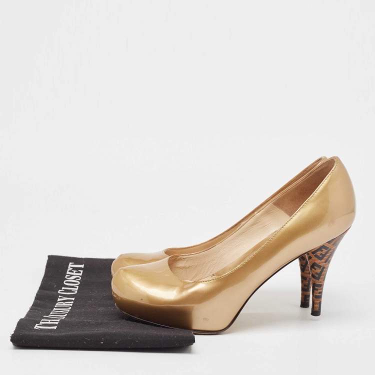 Pre Owned Fendi Gold Patent Leather Platform Round Toe Pumps Size 35