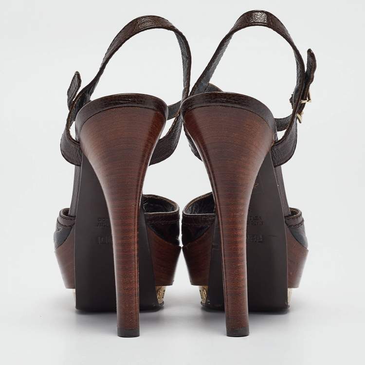 Pre Owned Fendi Black Leather Platform Slingback Sandals Size 38