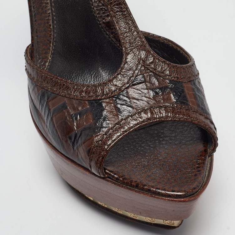 Pre Owned Fendi Black Leather Platform Slingback Sandals Size 38