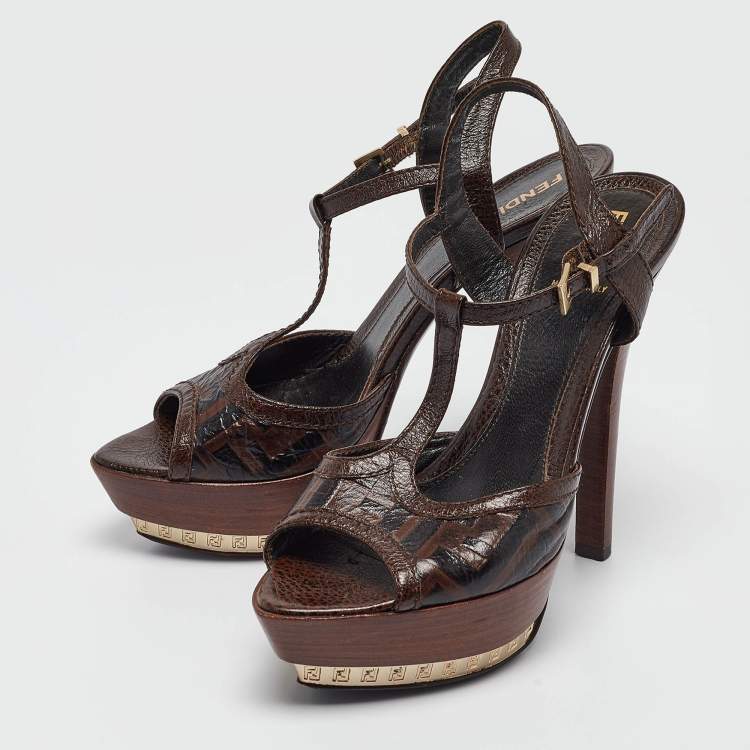 Pre Owned Fendi Black Leather Platform Slingback Sandals Size 38