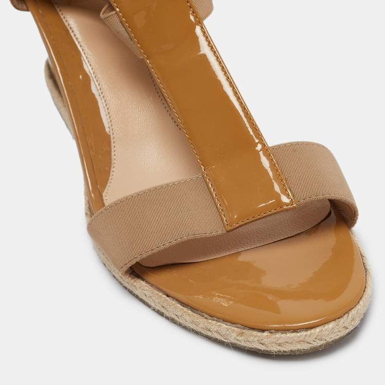 Pre Owned Fendi Brown Patent Elastic Wedge Sandals Size 39