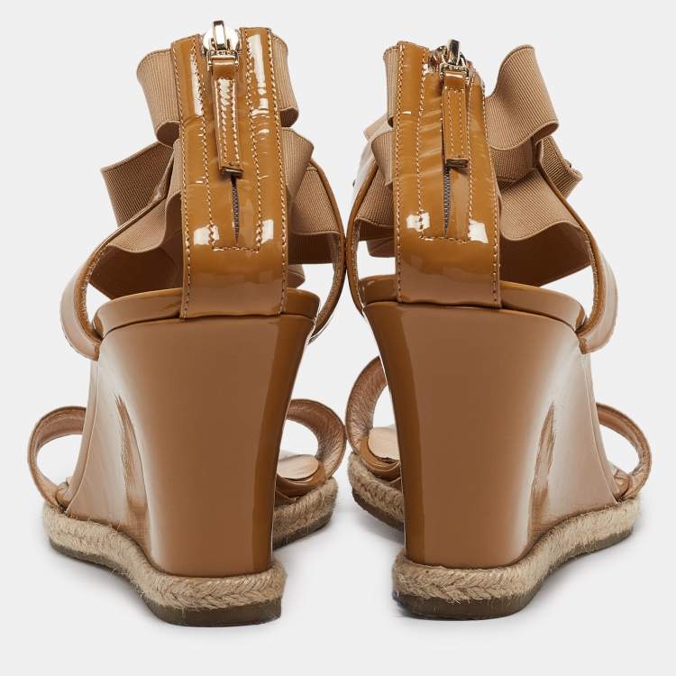 Pre Owned Fendi Brown Patent Elastic Wedge Sandals Size 39