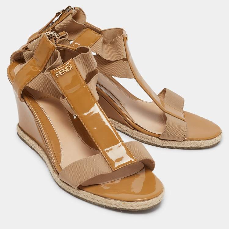 Pre Owned Fendi Brown Patent Elastic Wedge Sandals Size 39