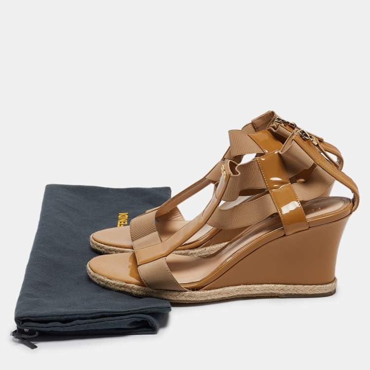 Pre Owned Fendi Brown Patent Elastic Wedge Sandals Size 39