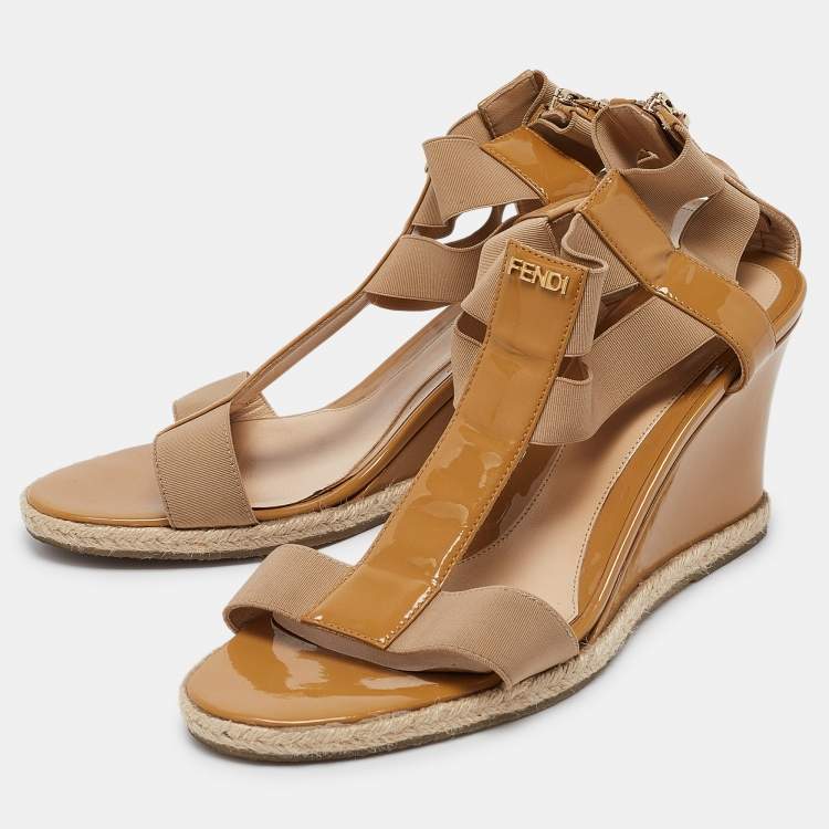 Pre Owned Fendi Brown Patent Elastic Wedge Sandals Size 39