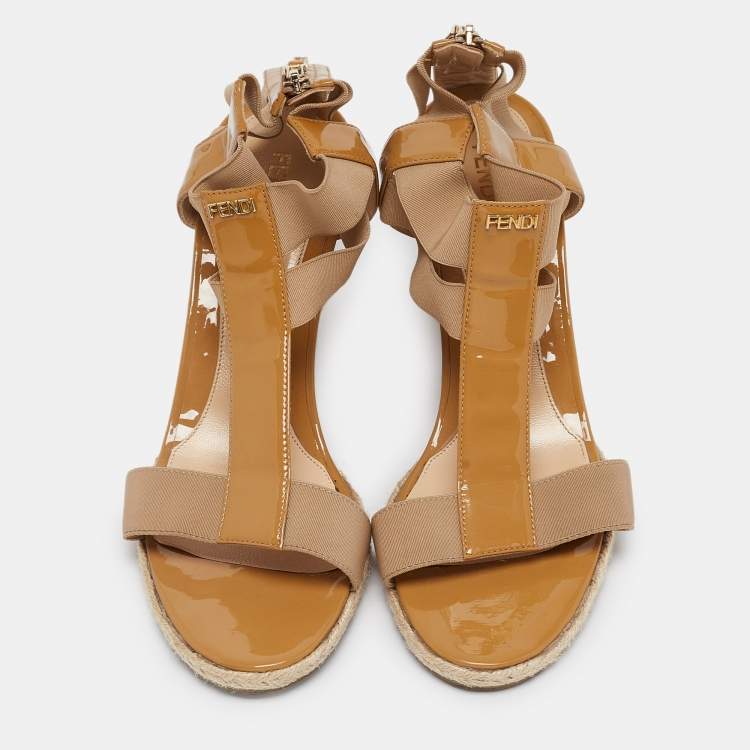 Pre Owned Fendi Brown Patent Elastic Wedge Sandals Size 39