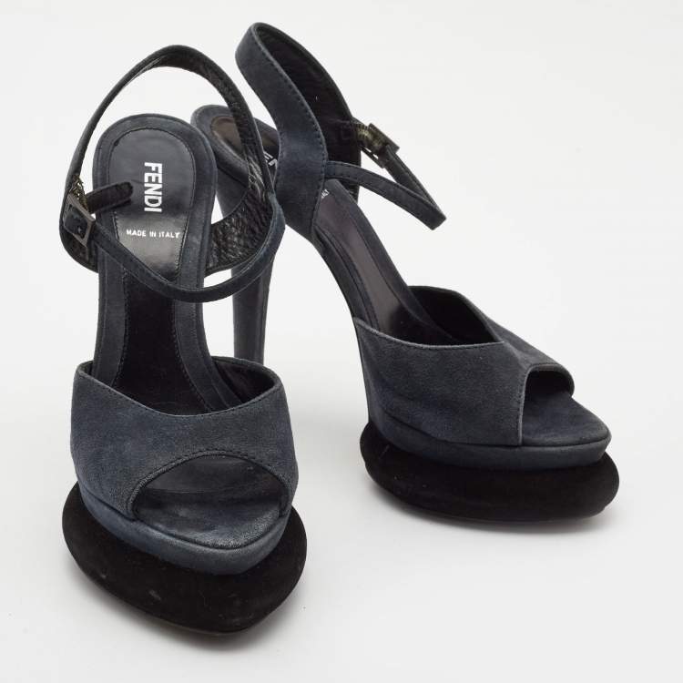 Pre Owned Fendi Navy Blue Suede Platform Ankle Strap Sandals Size 38